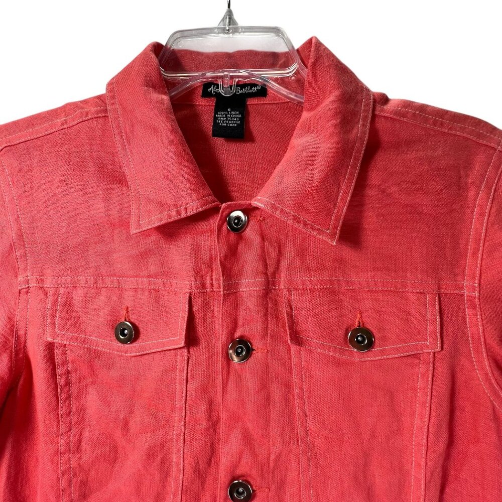 Alexandra Bartlett Coral Linen Button Up Womens Jacket Sz S Trucker Adjust Waist - Picture 2 of 11
